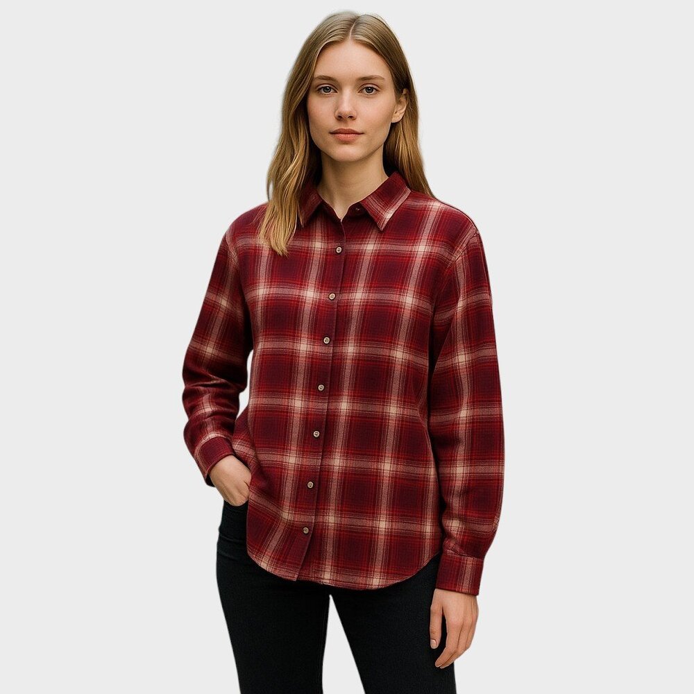 JACHS Women's M Red Plaid Cotton Flannel Button-Up Shirt Girlfriend Fit